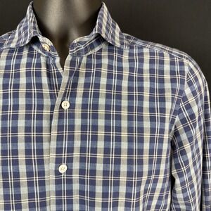 Finamore Casual Button Down Long Sleeve Shirt Blue Check Plaid S